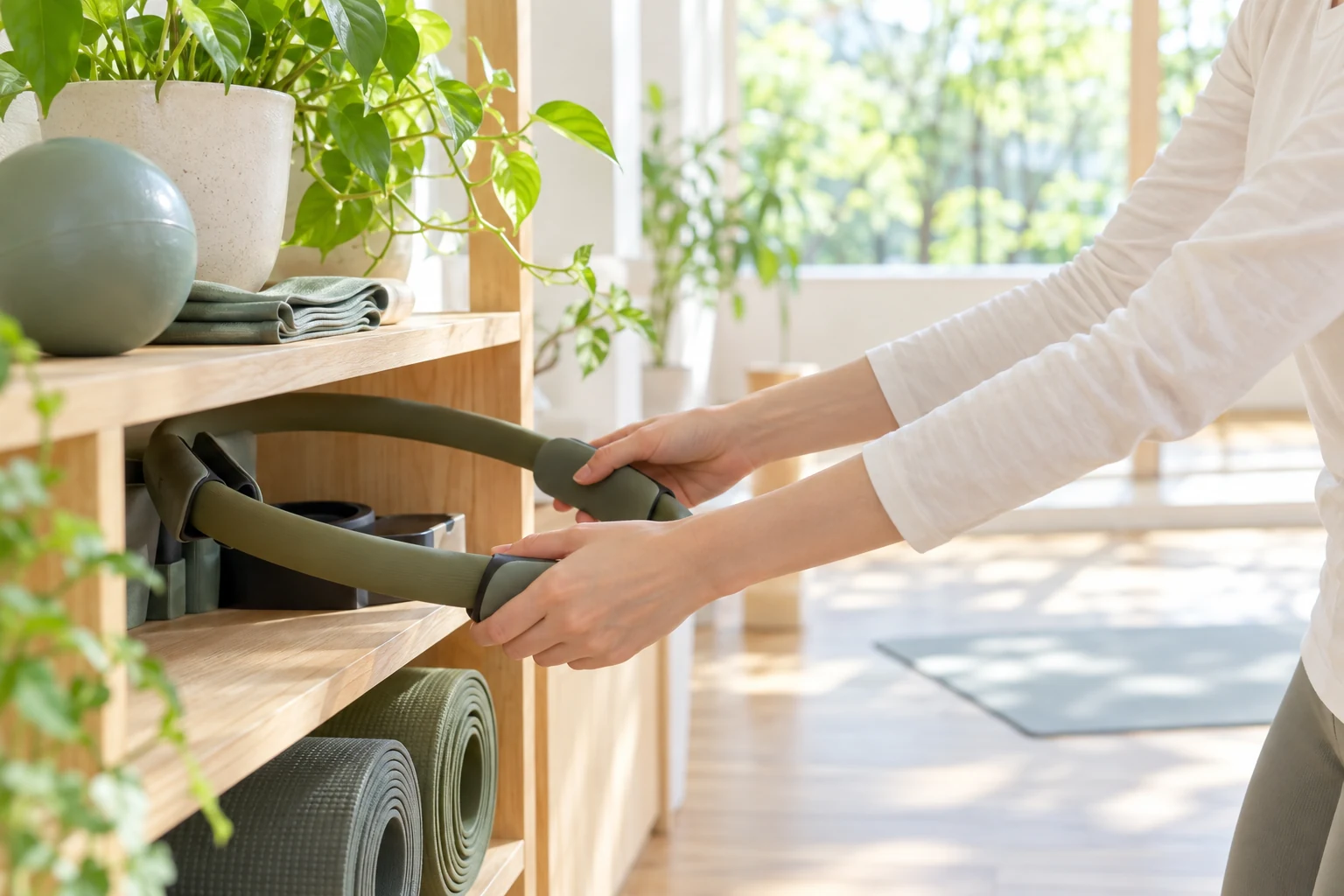 植物のある木の棚からピラティスリングを取り出す先生の手もと