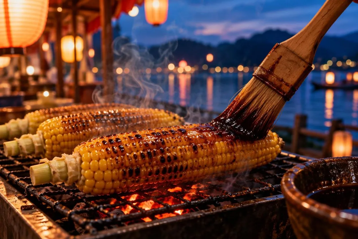 炭火の上で、はけでたれを塗られる屋台の焼きとうもろこし