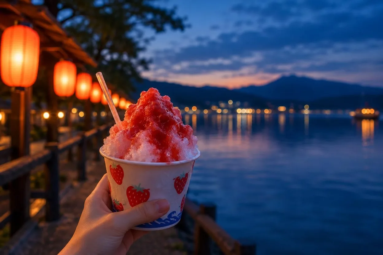湖畔の提灯を背に、手に持ったいちごのかき氷