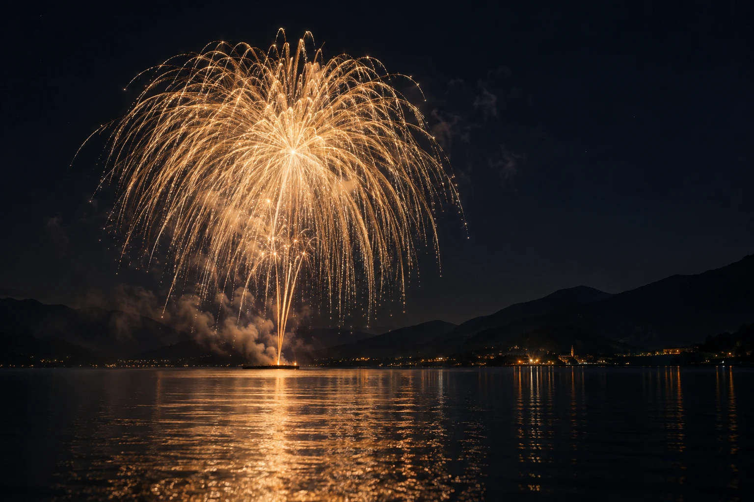 紺色の夜空に広がる一輪の金色の花火と、湖面を揺れる光の反射