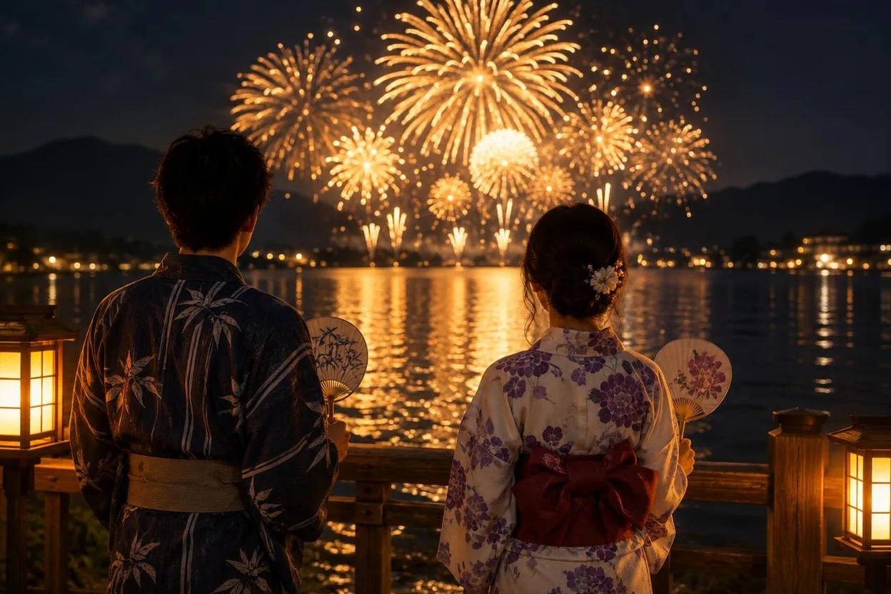 湖畔の柵ごしに、金色の花火を見上げる浴衣姿のふたりのうしろ姿