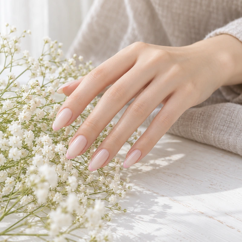 小花にそっとふれる、ミルク白の爪先にピンクの細いフレンチを描いた手
