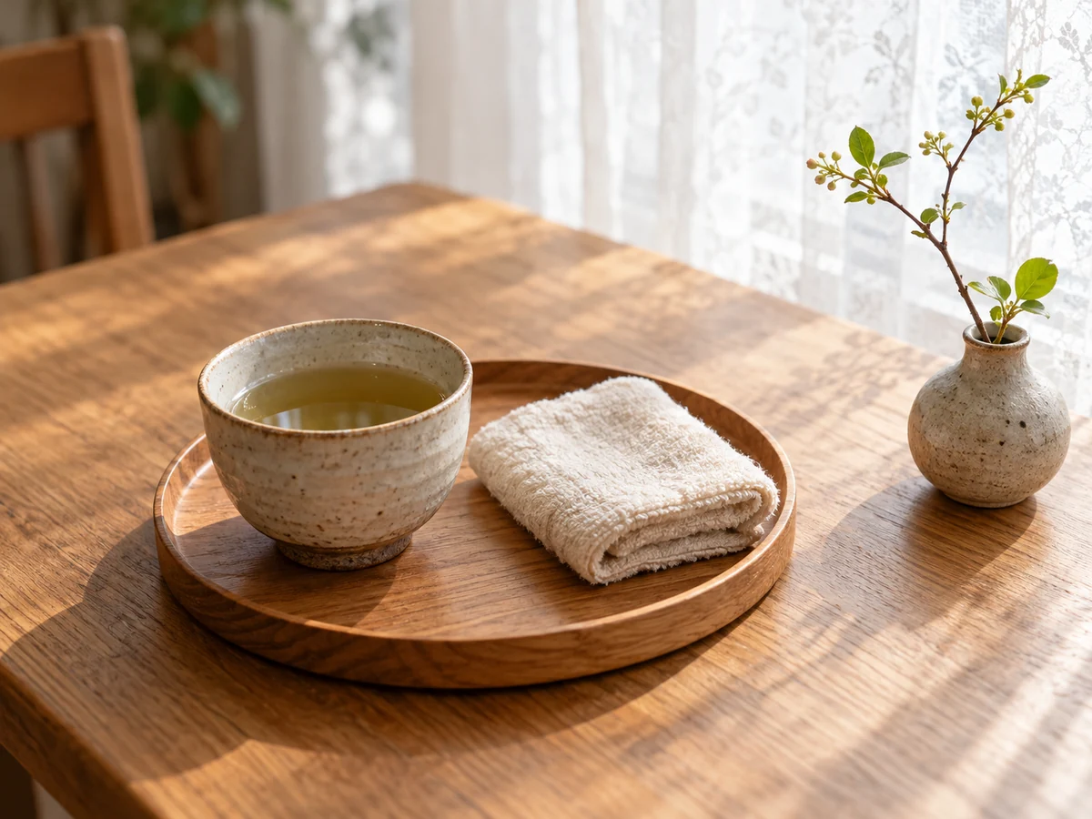 家庭の木のトレーに置いた陶器の湯のみ、畳んだタオル、小さな一輪挿し