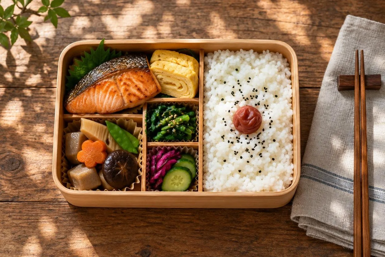 近江米と焼き鮭、卵焼き、野菜のおかずの持ち帰り弁当