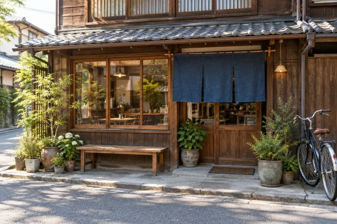 木の壁と引き戸、藍色ののれんがかかる小さな食堂の入口