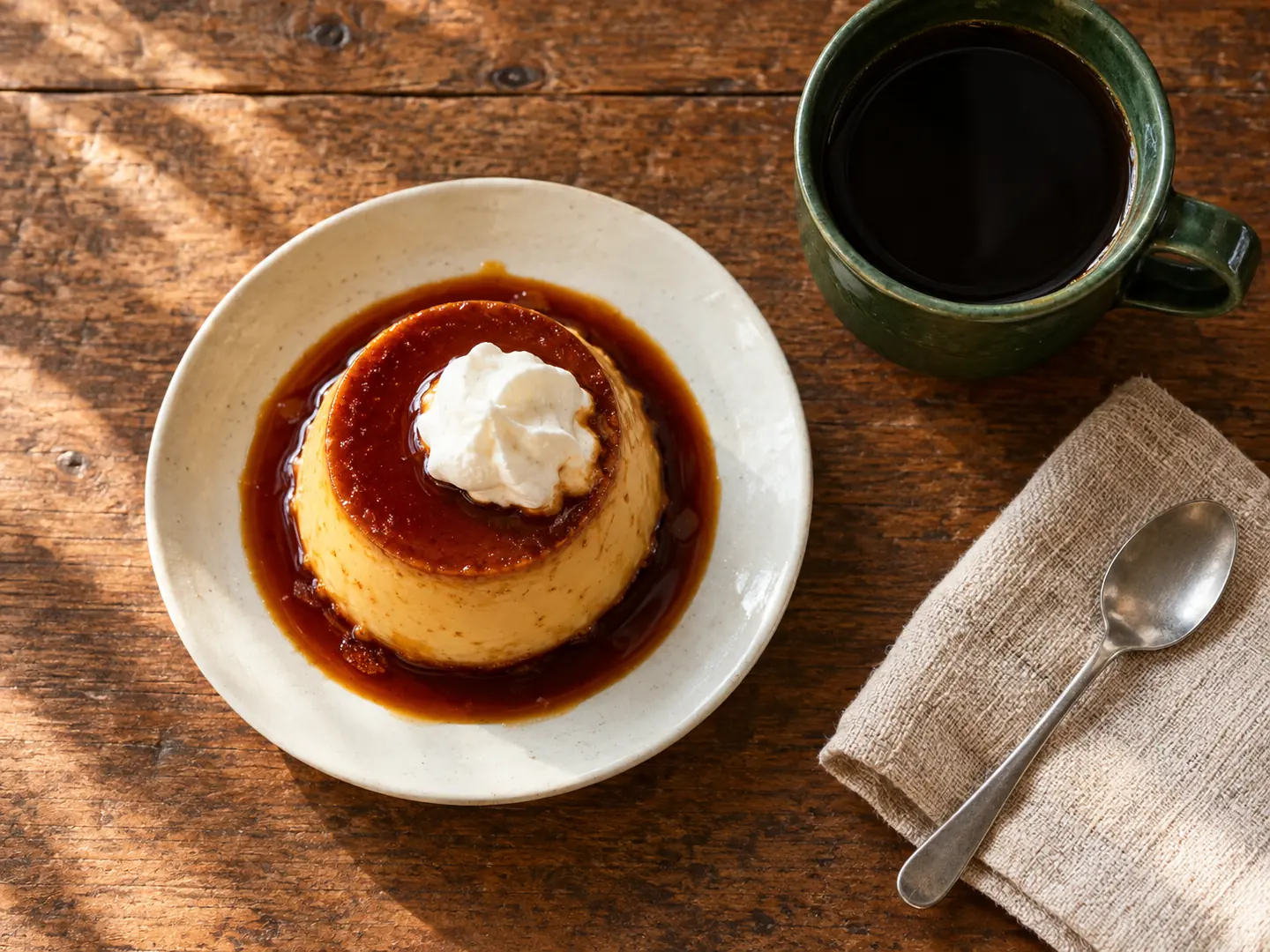 カラメルのかかったこめプリンと、深緑のカップに淹れたコーヒー