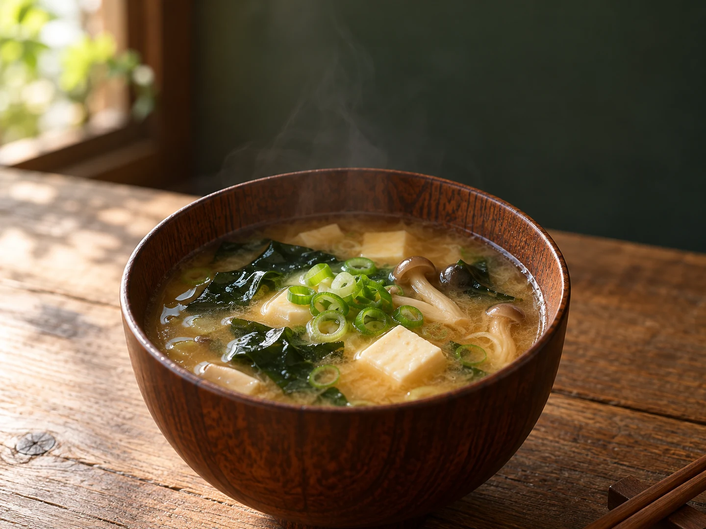 豆腐とわかめ、ねぎ、しめじの入った木の椀の味噌汁