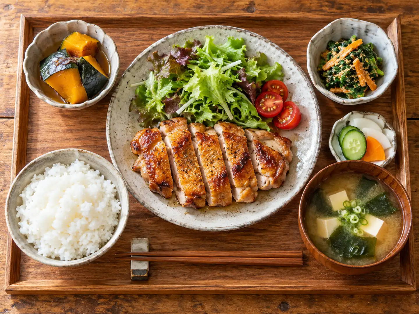 お盆に並ぶ鶏の塩こうじ焼き、近江米、味噌汁、野菜の小鉢2つと漬物